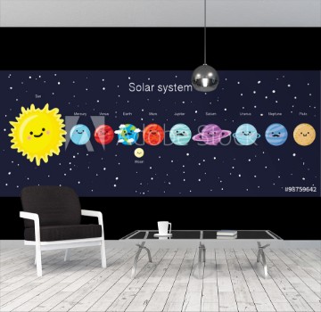 Bild på Solar system with cute smiling planets sun and moon